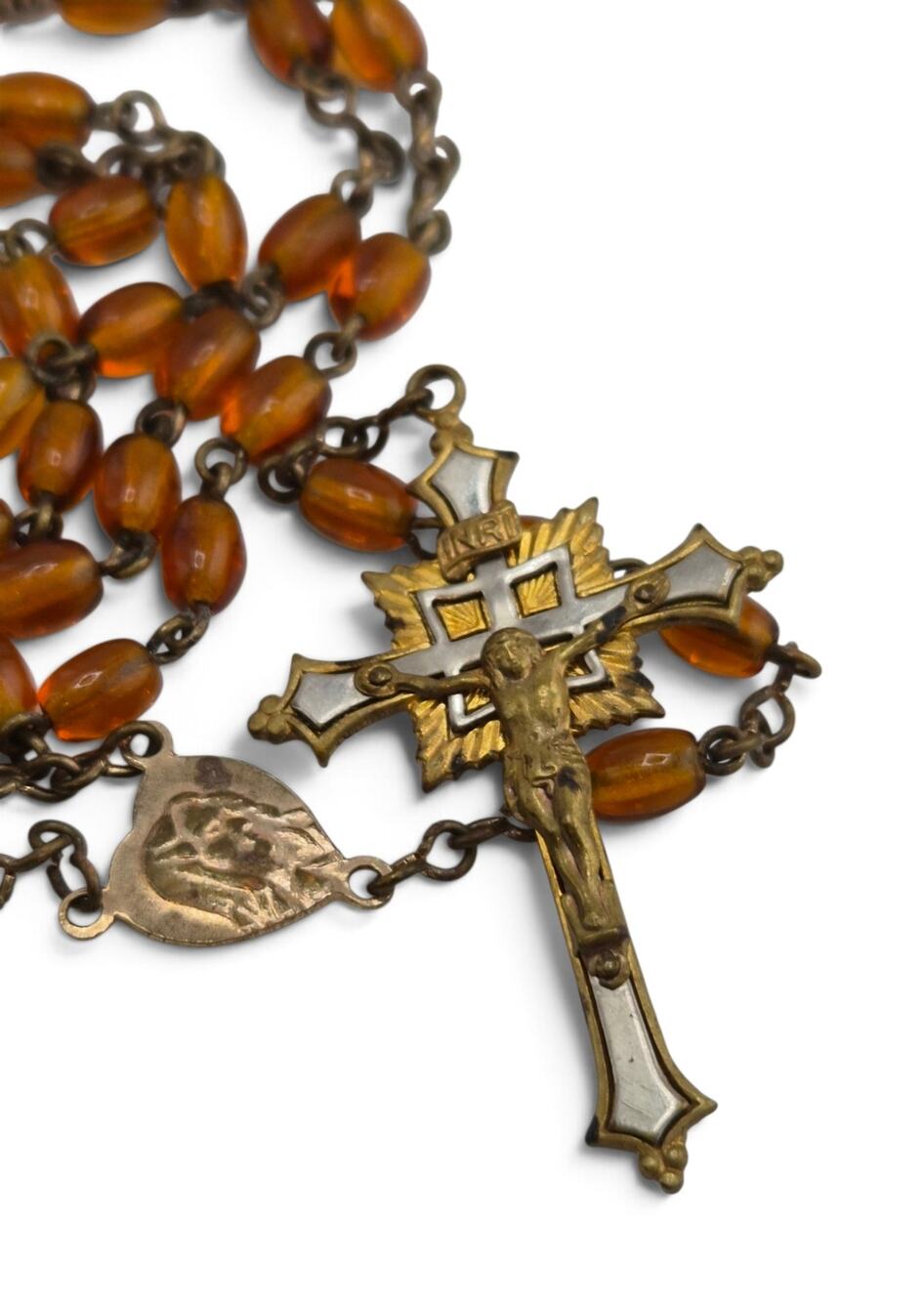 Vintage Catholic Rosary Amber Glass Beads INRI Crucifix 22 In